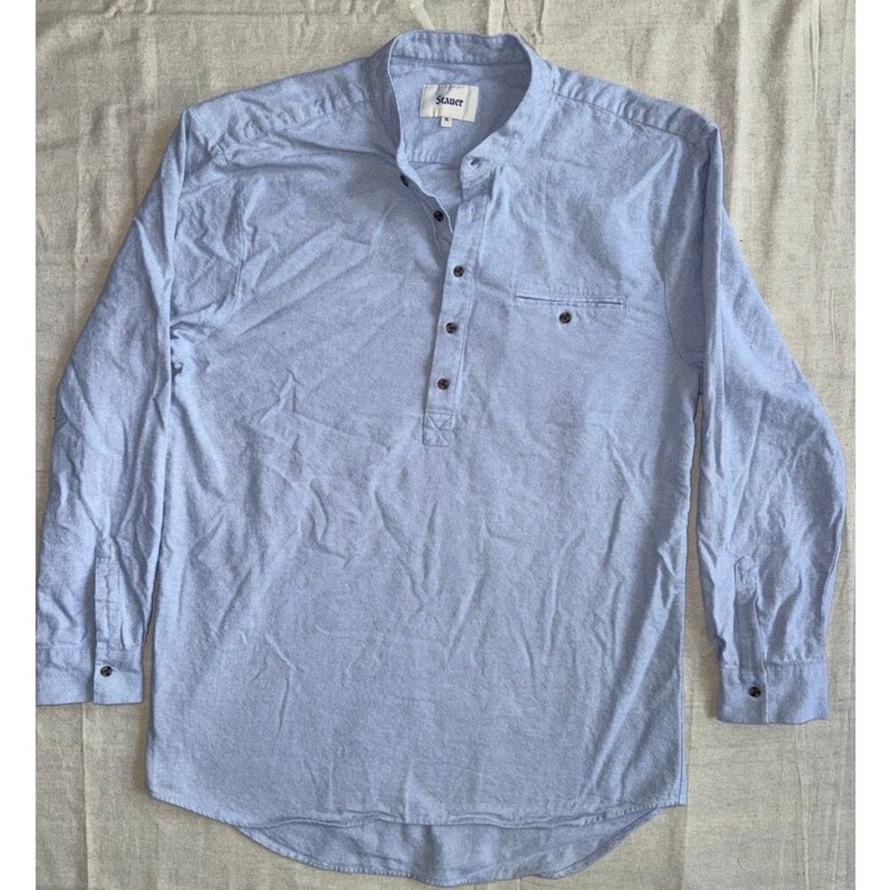 Stauer Mens XL Blue Grandfather Shirt Long Sleeve Band Collar Cotton Grandpacore